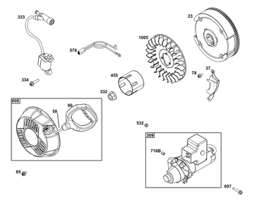 Flywheel, Ignition, And Starter Group Diagram and Parts List for 13A135-0026-F1 100000 - 19Z999 Briggs and Stratton Engine